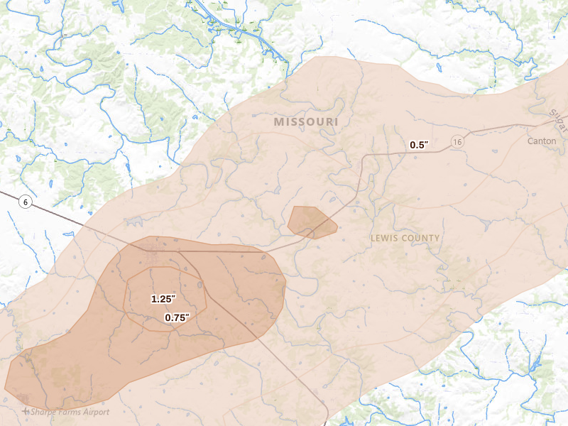 Radar-estimated hail-size map of the storm over Lewistown, MO on Apr 17, 2026