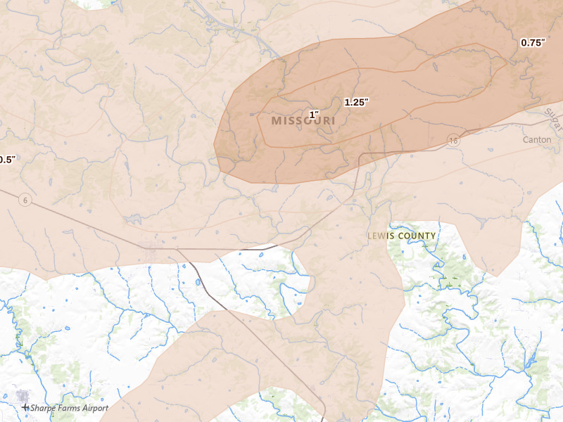 Radar-estimated hail-size map of the storm over Lewistown, MO on Jun 10, 2026