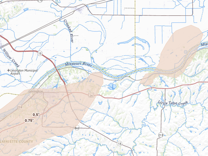 Radar-estimated hail-size map of the storm over Lexington, MO on Mar 10, 2026