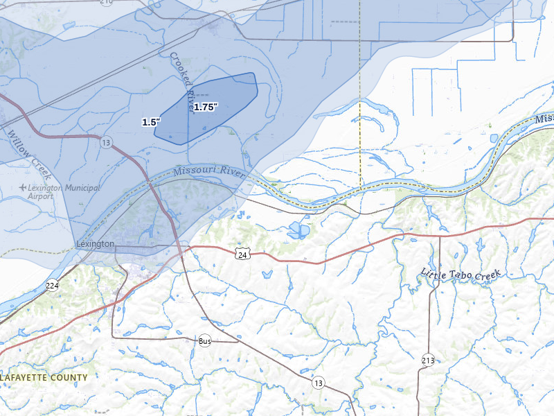NEXRAD radar-signature map of the hail over Lexington, MO