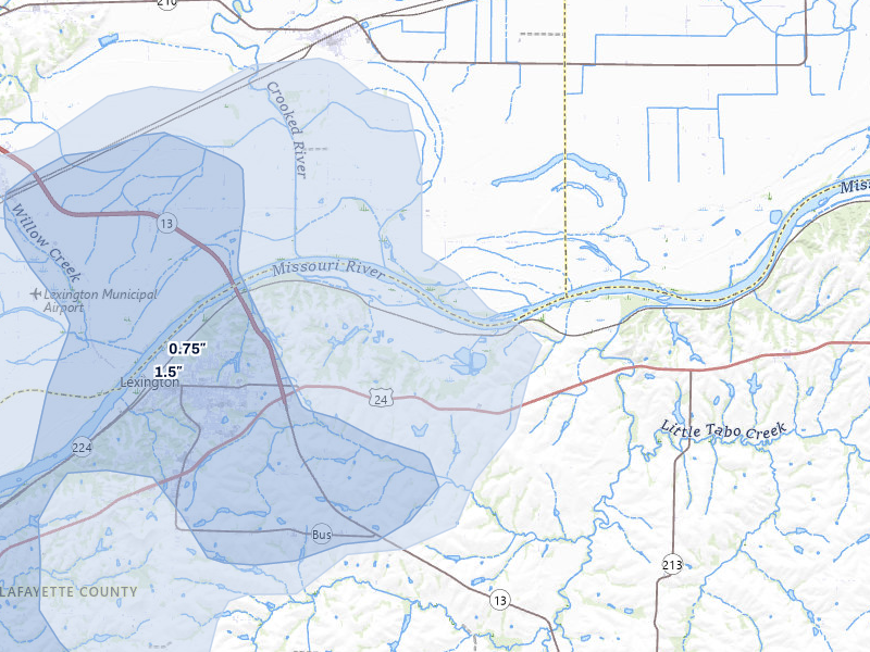 NEXRAD radar-signature map of the hail over Lexington, MO