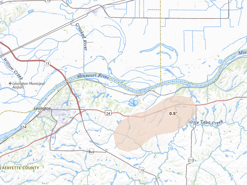 Radar-estimated hail-size map of the storm over Lexington, MO on May 31, 2026