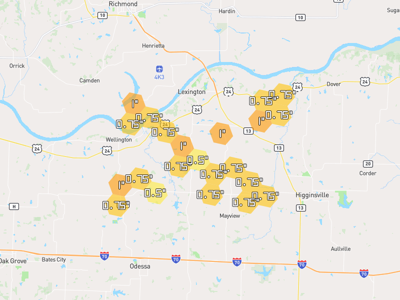 Hail map of Lexington, MO on Jun 1, 2026, hail up to 1"