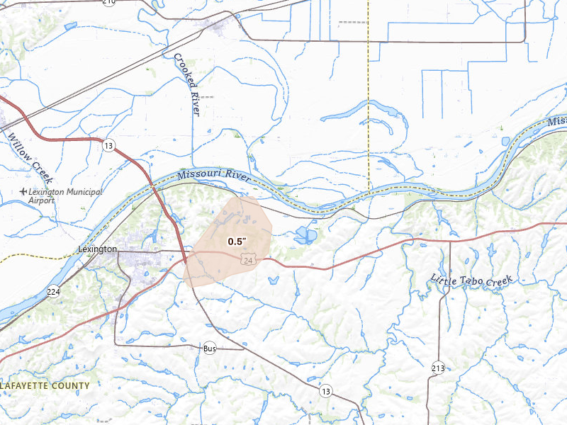 Radar-estimated hail-size map of the storm over Lexington, MO on Jul 3, 2026