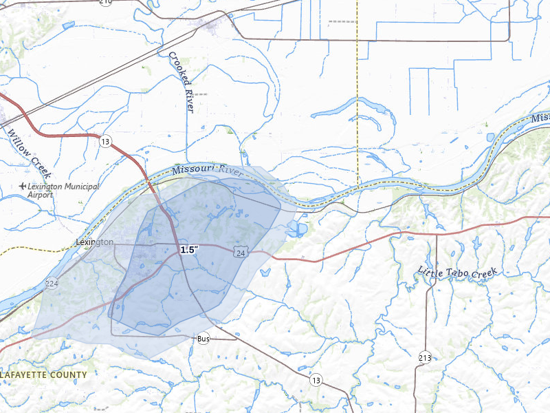 NEXRAD radar-signature map of the hail storm over Lexington, MO on Jul 3, 2026