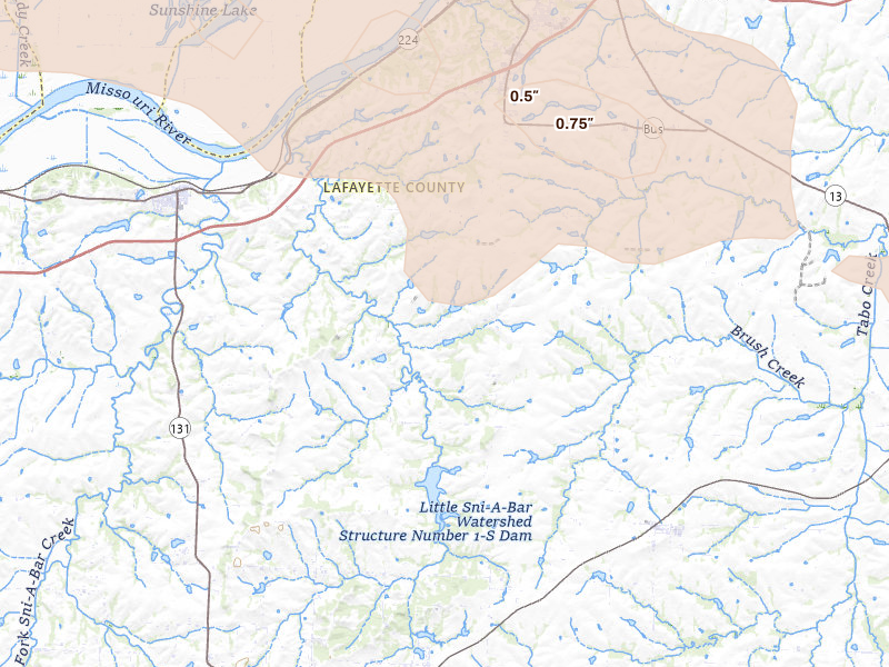 Radar-estimated hail-size map of the storm over Lexington, MO on Aug 18, 2026