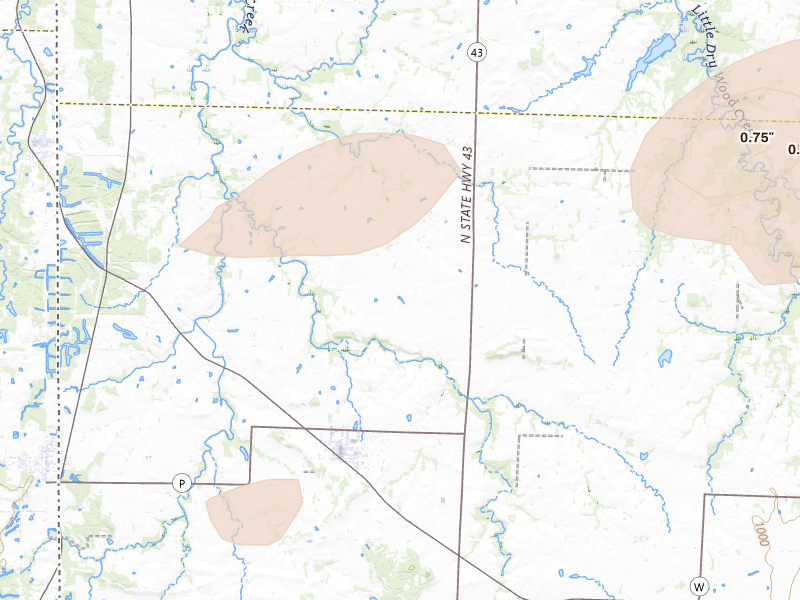 Radar-estimated hail-size map of the storm over Liberal, MO on Apr 28, 2026