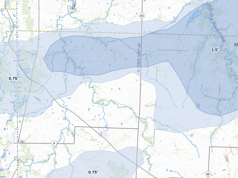 NEXRAD radar-signature map of the hail storm over Liberal, MO on Apr 28, 2026