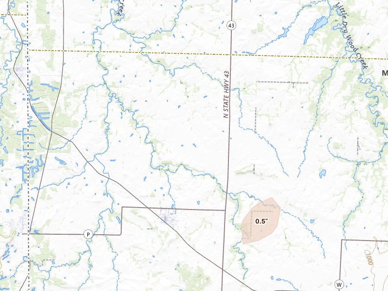 Radar-estimated hail-size map of the storm over Liberal, MO on May 18, 2026