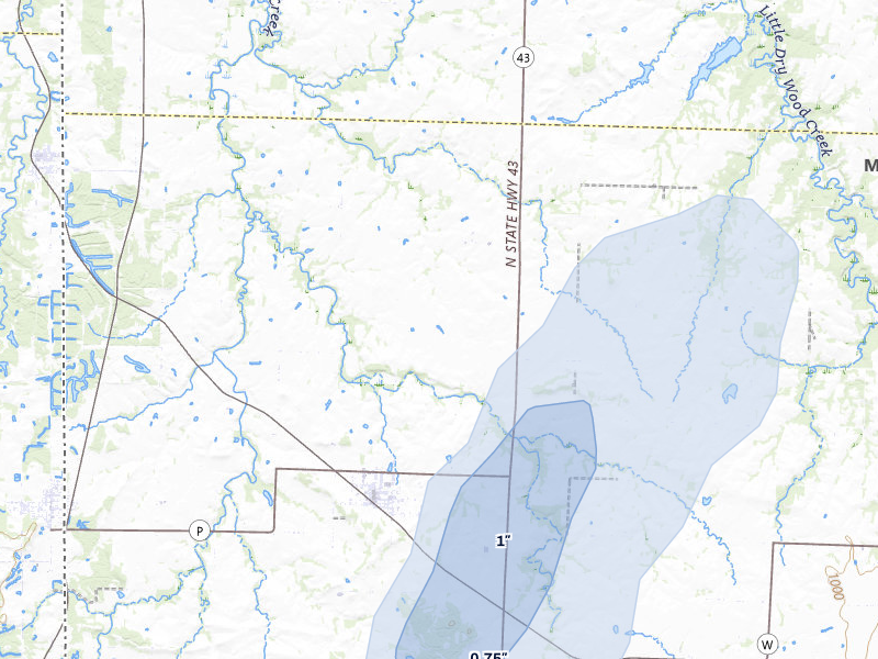 NEXRAD radar-signature map of the hail storm over Liberal, MO on May 18, 2026