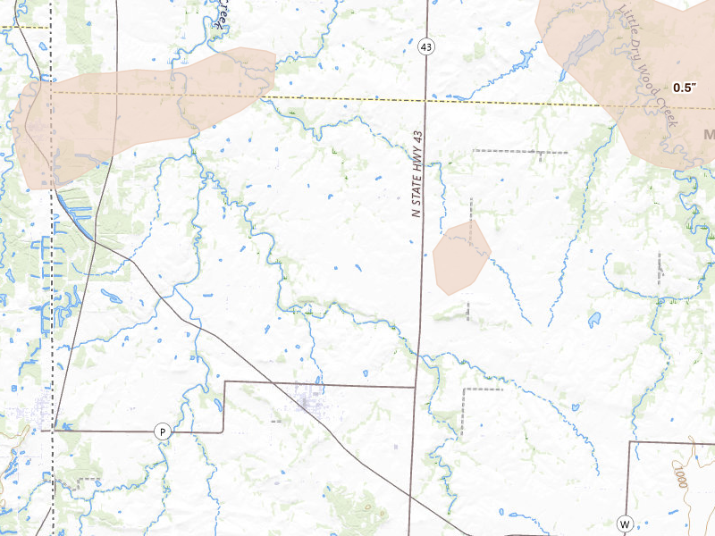 Radar-estimated hail-size map of the storm over Liberal, MO on May 30, 2026