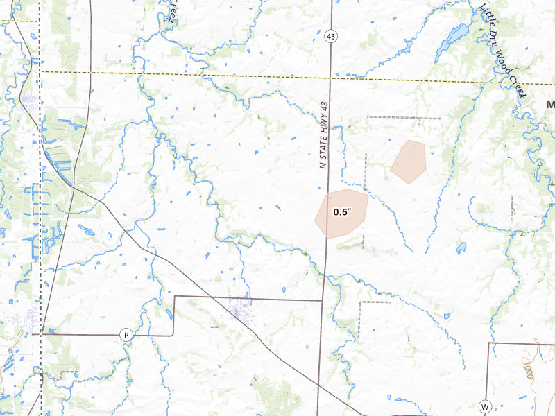 Radar-estimated hail-size map of the storm over Liberal, MO on May 31, 2026