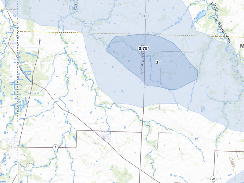 NEXRAD radar-signature map of the hail storm over Liberal, MO on May 31, 2026