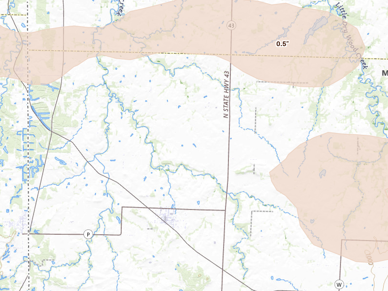 Radar-estimated hail-size map of the storm over Liberal, MO on Jul 10, 2026