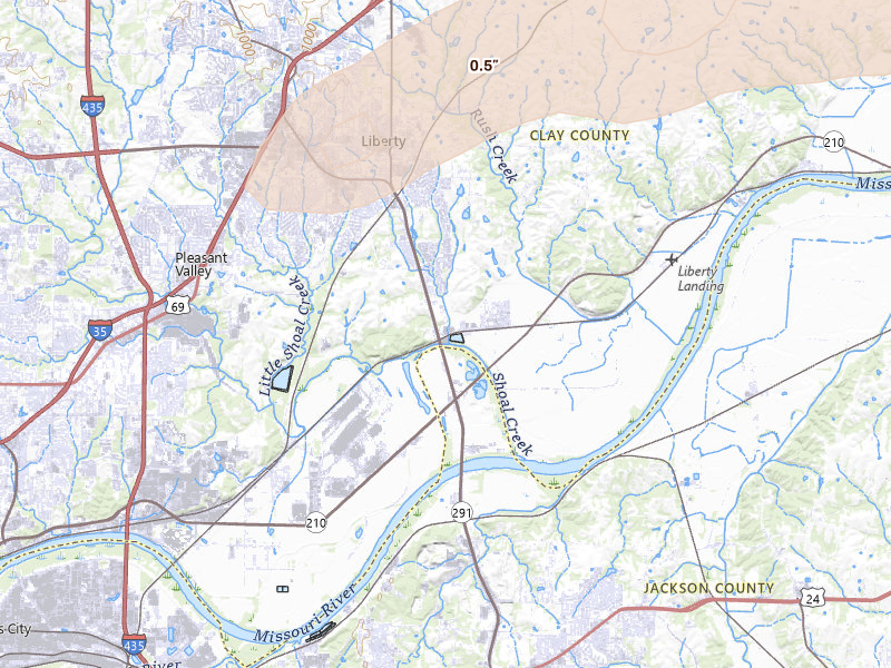 Radar-estimated hail-size map of the storm over Liberty, MO on Mar 10, 2026