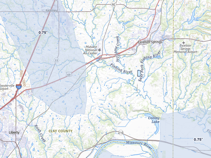 NEXRAD radar-signature map of the hail storm over Liberty, MO on Aug 9, 2026