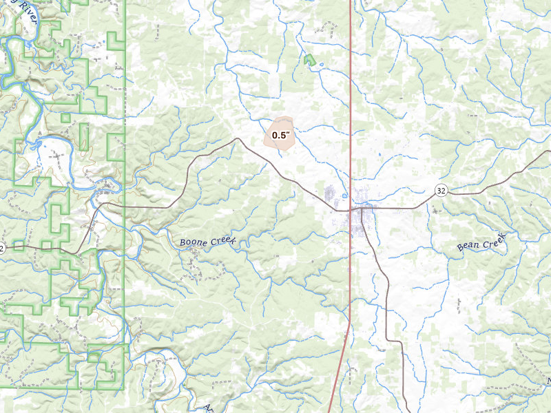 Radar-estimated hail-size map of the storm over Licking, MO on Apr 28, 2026