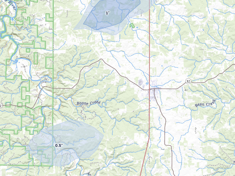 NEXRAD radar-signature map of the hail storm over Licking, MO on Apr 28, 2026