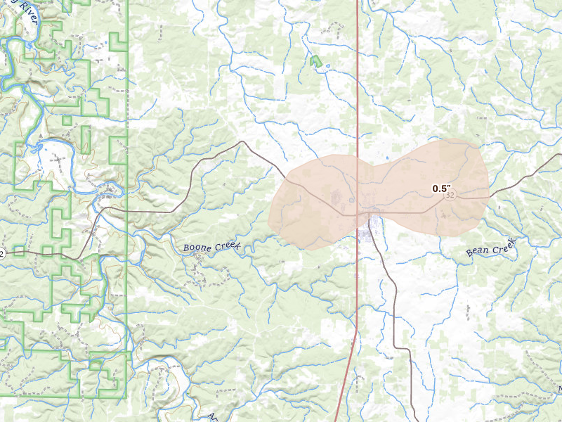 Radar-estimated hail-size map of the storm over Licking, MO on Jul 4, 2026
