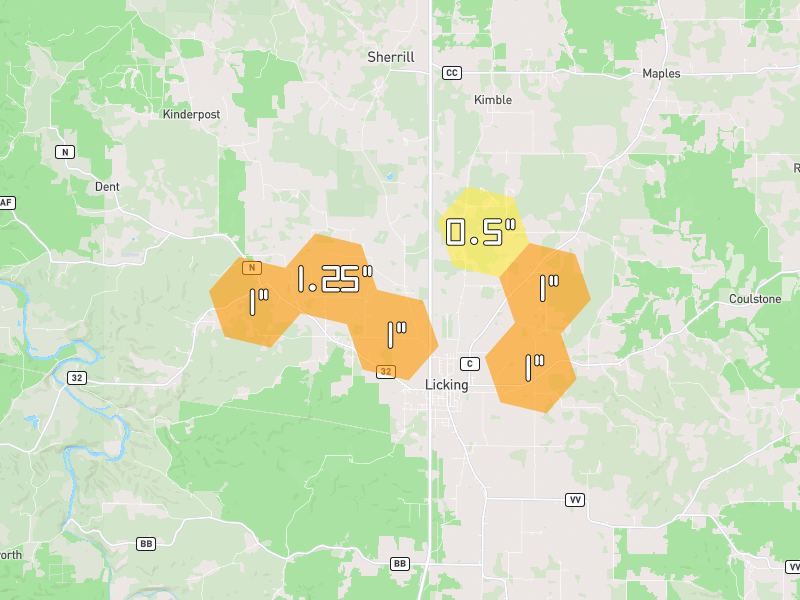 Hail map of Licking, MO on Jul 4, 2026, hail up to 1.25"