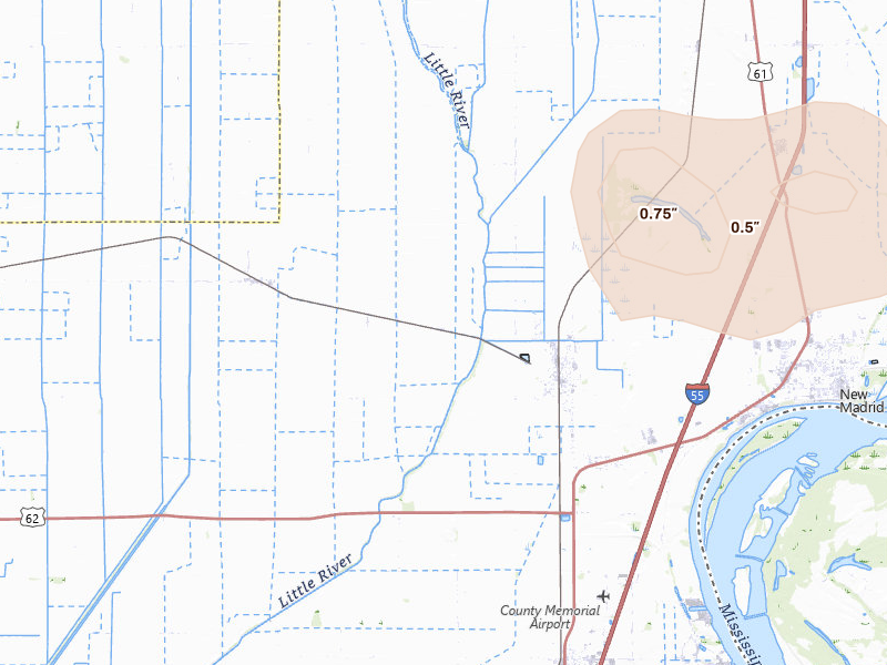 Radar-estimated hail-size map of the storm over Lilbourn, MO on Jul 5, 2026