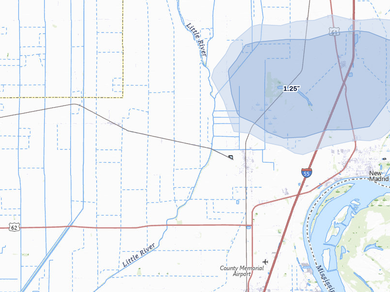 NEXRAD radar-signature map of the hail storm over Lilbourn, MO on Jul 5, 2026