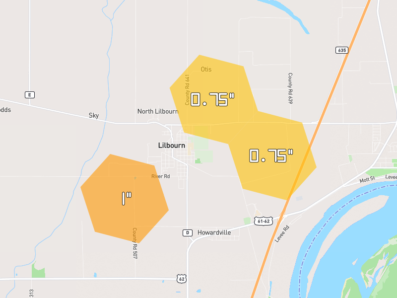 Hail map of Lilbourn, MO on Jul 10, 2026, hail up to 1"