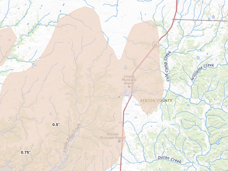 Radar-estimated hail-size map of the storm over Lincoln, MO on Apr 26, 2026