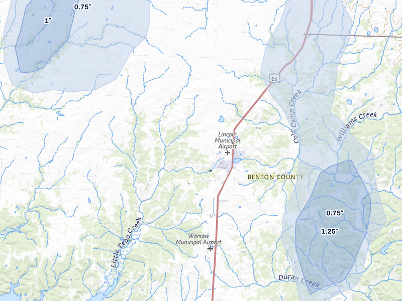 NEXRAD radar-signature map of the hail storm over Lincoln, MO on May 30, 2026