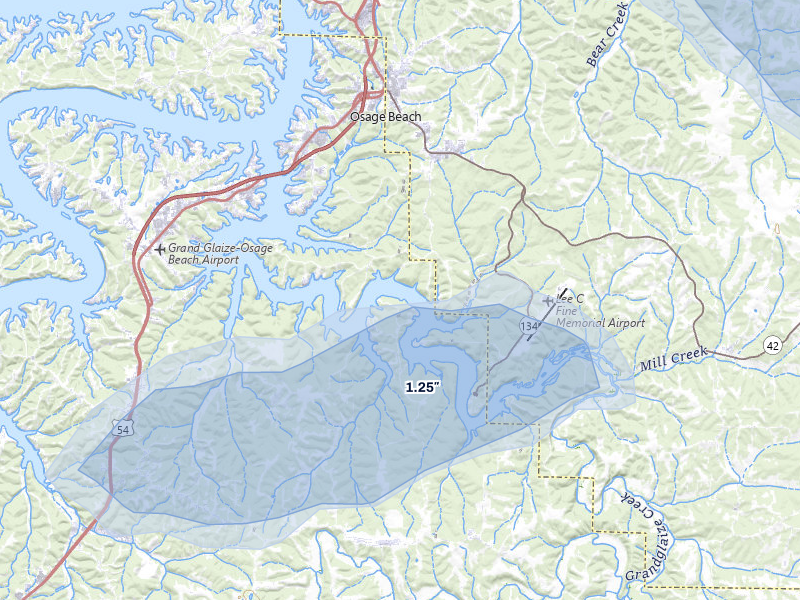 NEXRAD radar-signature map of the hail over Linn Creek, MO