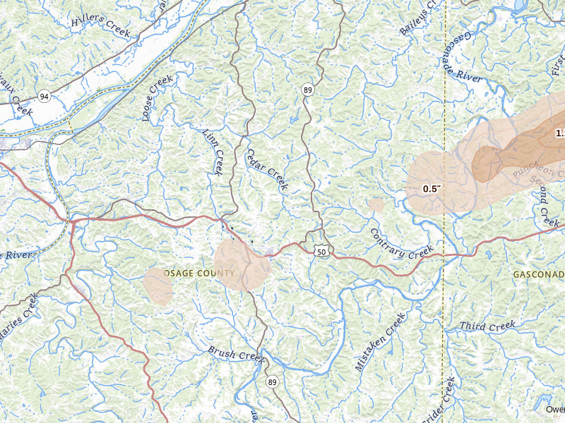 Radar-estimated hail-size map of the storm over Linn, MO on Apr 26, 2026