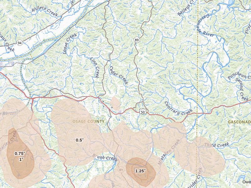 Radar-estimated hail-size map of the storm over Linn, MO on Apr 27, 2026