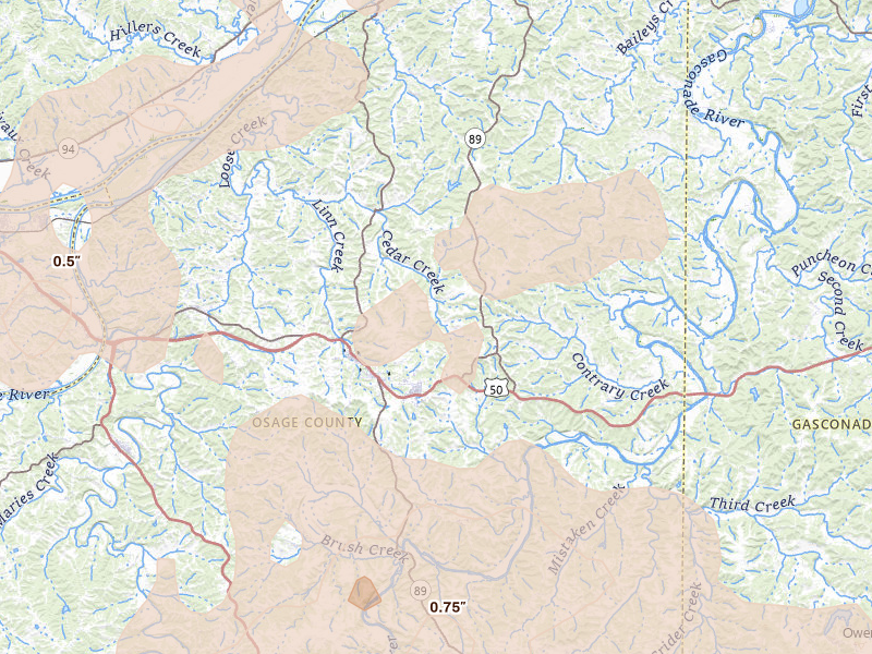 Radar-estimated hail-size map of the storm over Linn, MO on May 31, 2026