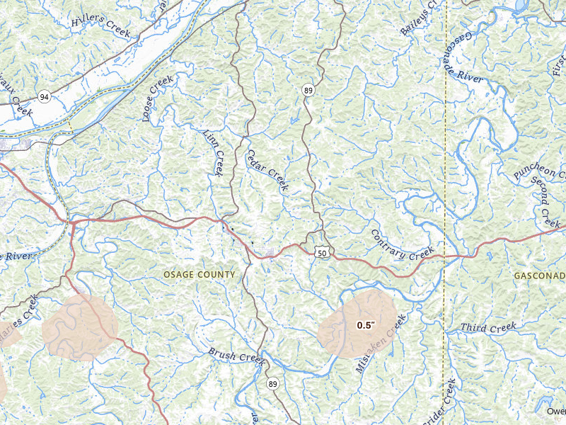 Radar-estimated hail-size map of the storm over Linn, MO on Jul 4, 2026