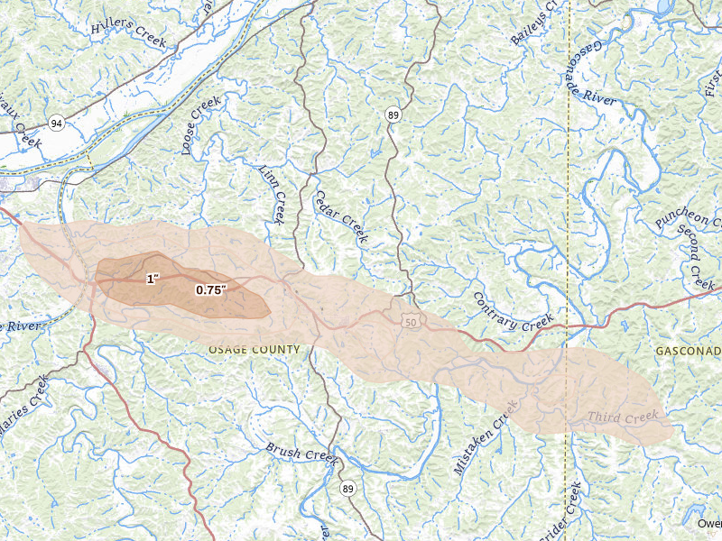 Radar-estimated hail-size map of the storm over Linn, MO on Jul 9, 2026