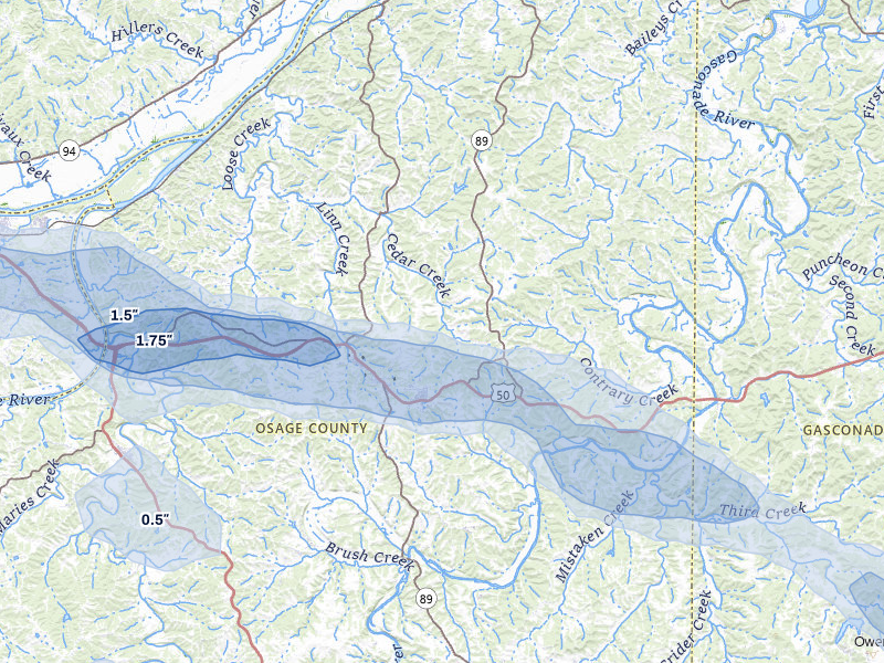 NEXRAD radar-signature map of the hail storm over Linn, MO on Jul 9, 2026