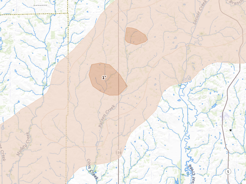 Radar-estimated hail-size map of the storm over Linneus, MO on Apr 17, 2026