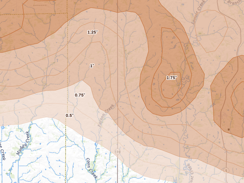 Radar-estimated hail-size map of the storm over Linneus, MO on May 16, 2026