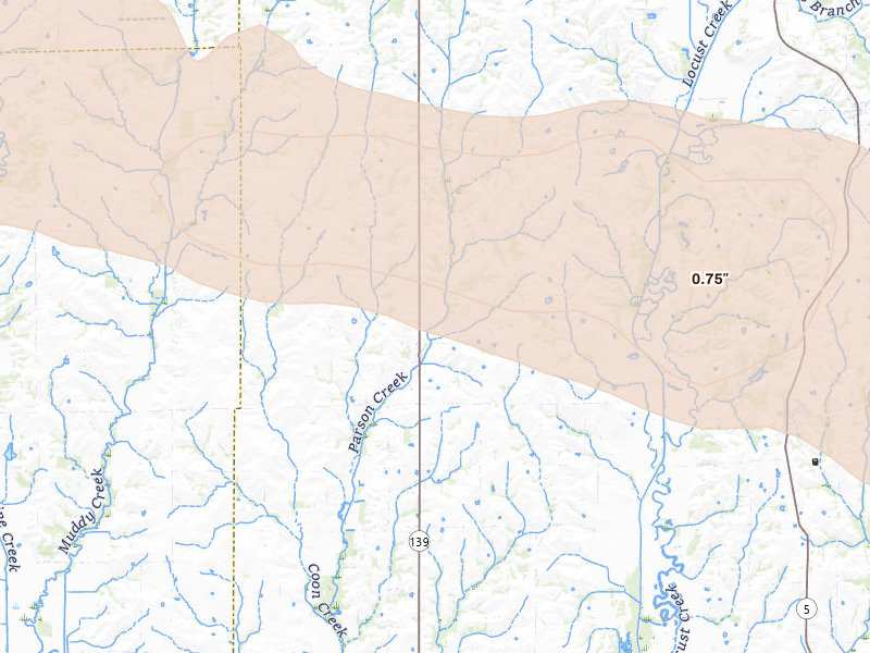 Radar-estimated hail-size map of the storm over Linneus, MO on Jun 10, 2026