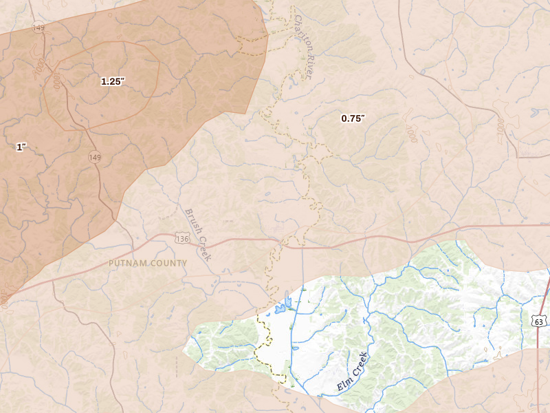 Radar-estimated hail-size map of the storm over Livonia, MO on Jun 11, 2026