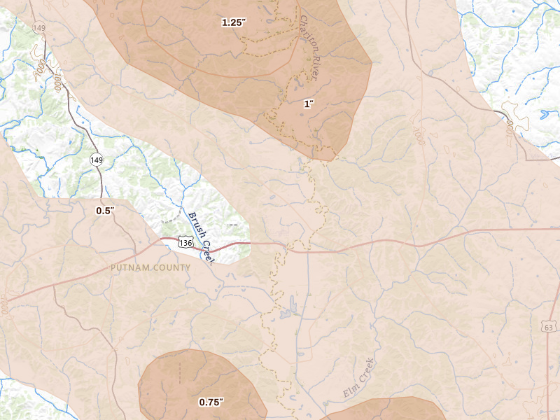 Radar-estimated hail-size map of the storm over Livonia, MO on Jul 20, 2026
