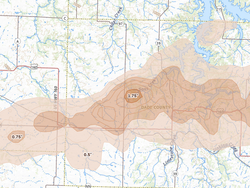 Radar-estimated hail-size map of the storm over Lockwood, MO on Apr 26, 2026