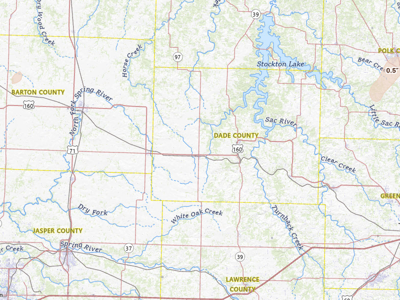 Radar-estimated hail-size map of the storm over Lockwood, MO on May 18, 2026