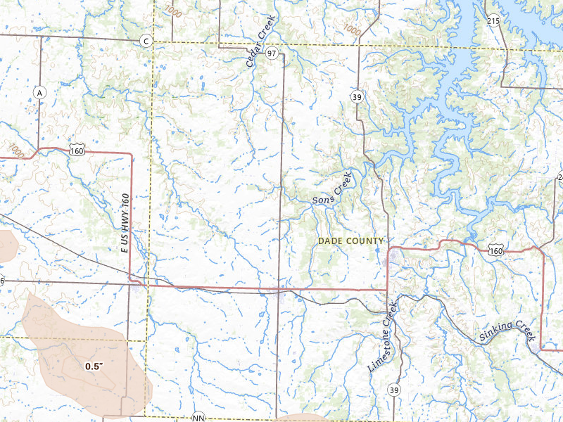 Radar-estimated hail-size map of the storm over Lockwood, MO on Jul 4, 2026
