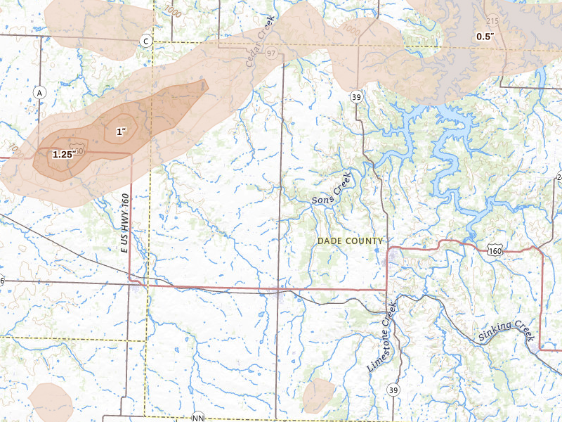 Radar-estimated hail-size map of the storm over Lockwood, MO on Jul 10, 2026