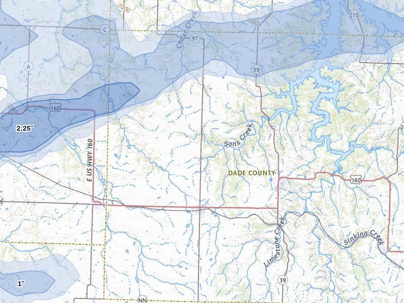 NEXRAD radar-signature map of the hail storm over Lockwood, MO on Jul 10, 2026
