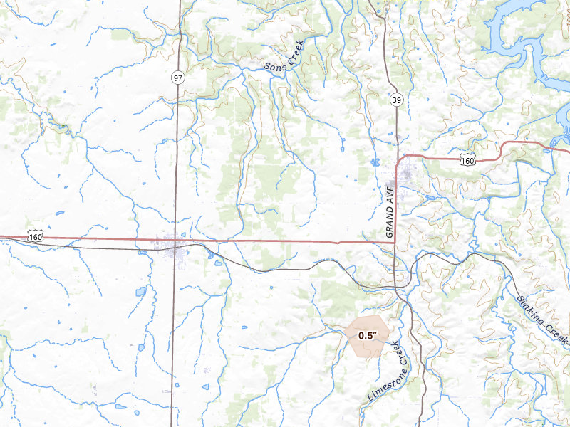 Radar-estimated hail-size map of the storm over Lockwood, MO on Aug 7, 2026