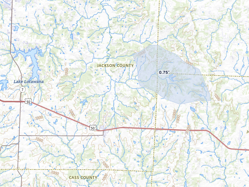 NEXRAD radar-signature map of the hail storm over Lone Jack, MO on Jul 9, 2026
