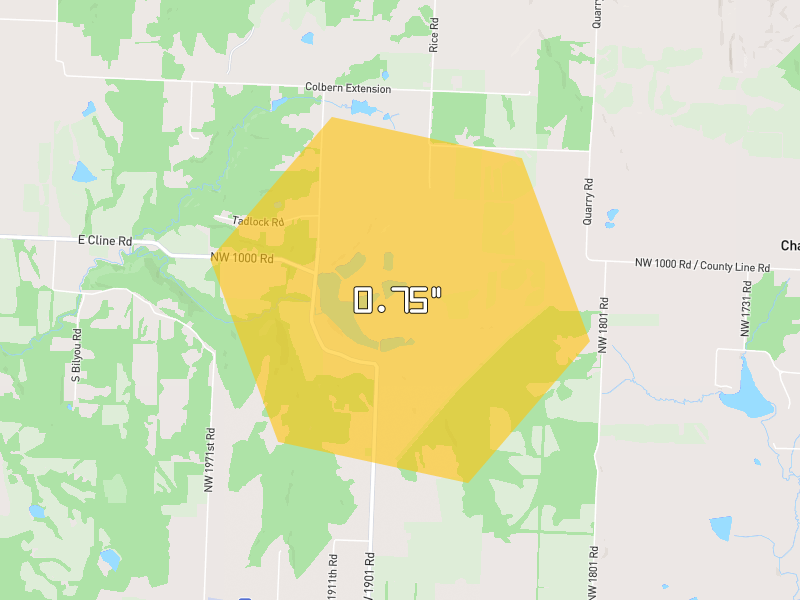 Hail map of Lone Jack, MO on Jul 10, 2026, hail up to 0.75"