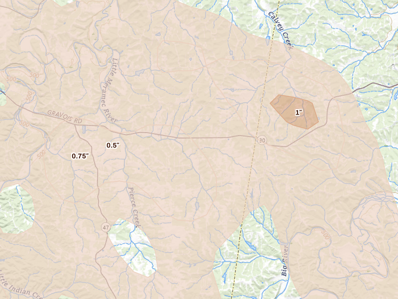 Radar-estimated hail-size map of the storm over Lonedell, MO on Aug 12, 2026